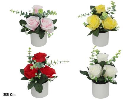 Mākslīgie ziedi, rozes ar eikaliptu podā x3 – 22 cm, 15x15x22 cm, LITO (8445393575025)