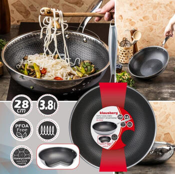 Nerūsējošā tērauda WOK panna ar šūnveida nepiedegošo pārklājumu ø28*8cm 3.8L KB 9024 Klausberg (KB 9024)