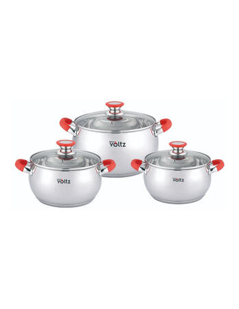 Katlu komplekts Voltz OV51210N6B, 18/20/22 cm 2.5/3.5/4.6L sarkani rokturi, nerūsējošais tērauds (551210N6BR)
