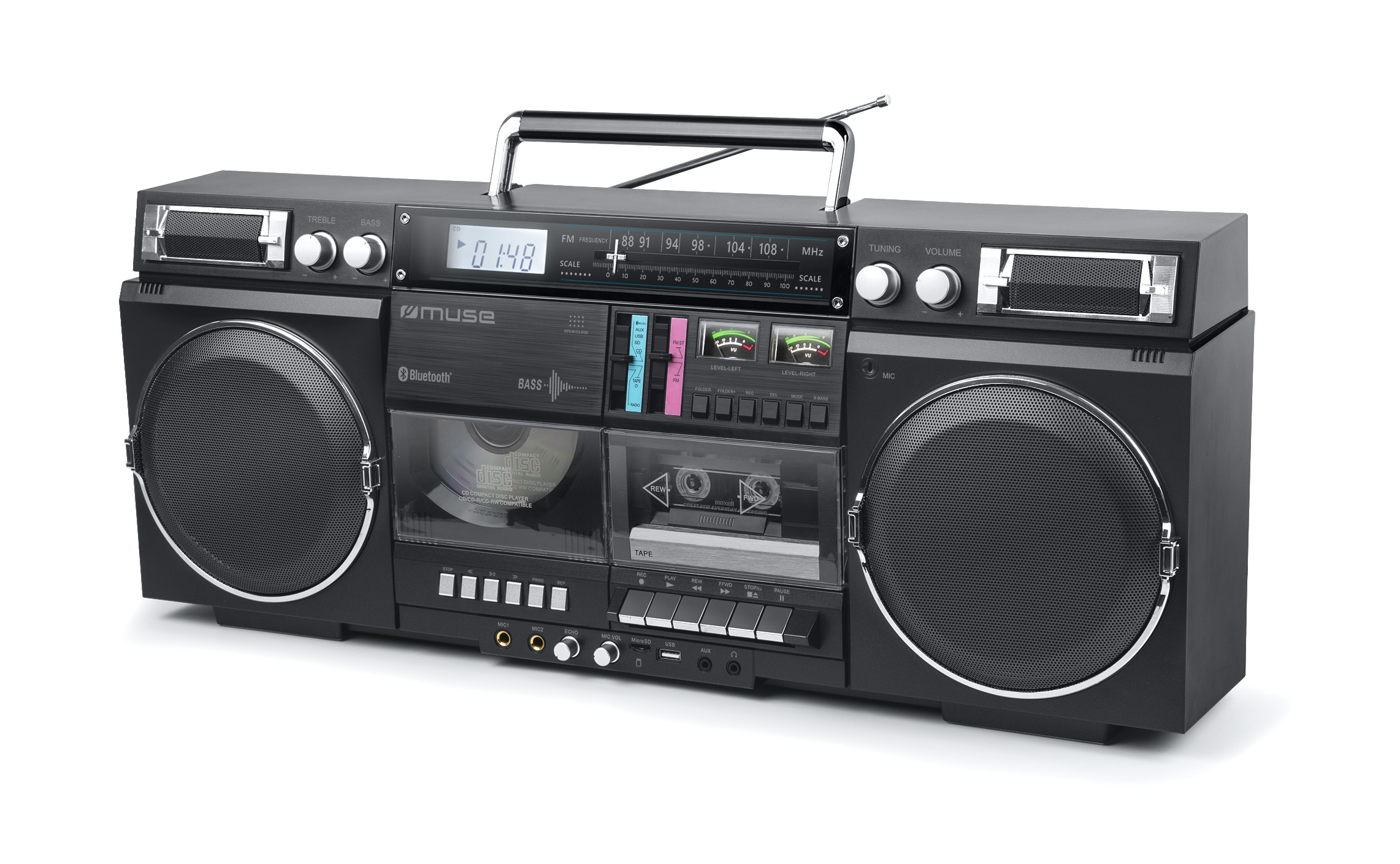 Портативный Bluetooth-радиоприемник с CD-кассетным магнитофоном, 80 Вт, M 380 GB, MUSE (M 380 GB)