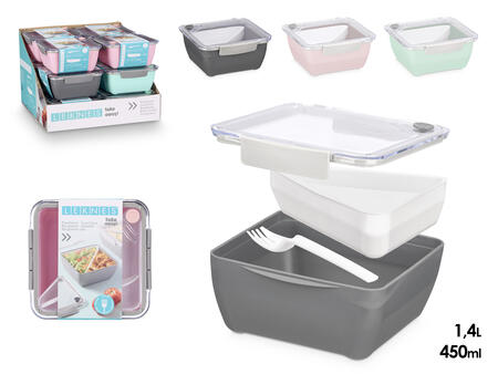 Pusdienu kaste ar nodalījumu, 3 krāsas, 450 ml + 1.4 L, 8.8×19.2×18.7 cm, 10479, Leknes* (10479)