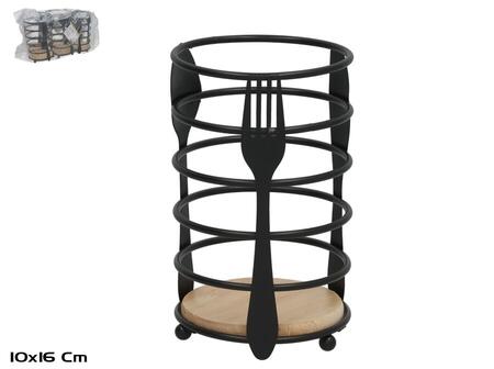 Metāla un koka galda piederumu statīvs, melns, 10.00 x 10.00 x 16.00, KITCHEN&GO (8445393545769)