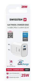 Swissten Travel 3арядное устройство Edge GaN USB-A 18W / USB-C 25W black (22071714)