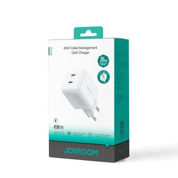 Joyroom JR-TCL05 Travel Charger GaN Fast Charger C+C Зарядное устройство 45W PD PPS UFCS со встроенным органайзером для кабеля / белый (JR-TCL05-WHT)