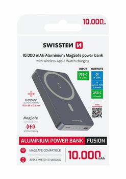 Swissten FUSION Power Bank Универсальный Внешний Аккумулятор MagSafe / Apple Watch / 10000 mAh Серебристый (22013983)