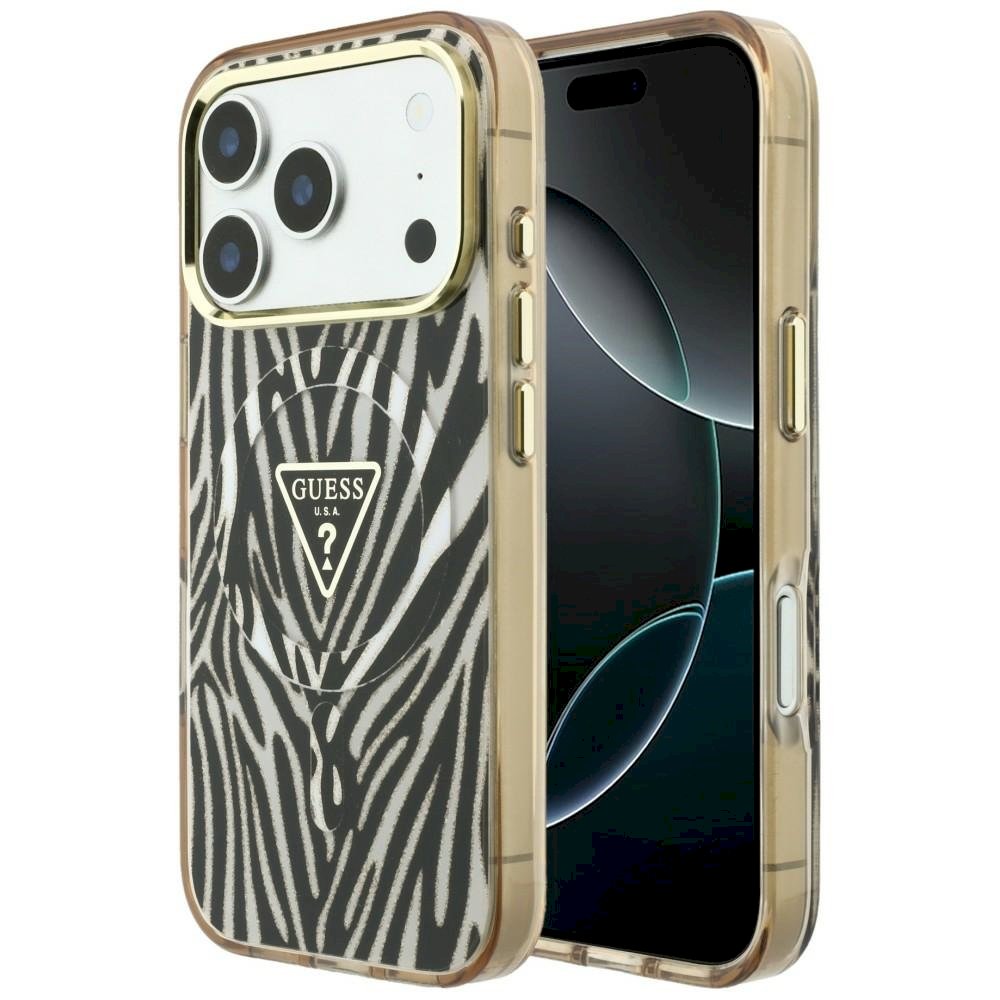 Guess IML Zebra Glitter Triangle Logo MagSafe Aizsargapvalks priekš iPhone 18 Pro Max / iPhone 17 Pro Max / zelts (GUHMP18X6HZPGTLD)
