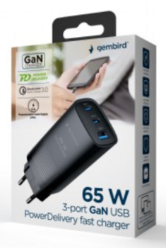 Gembird 3-port 65W GaN USB PD Tīkla Lādētājs (TA-UC-PDQC65-01-BK)