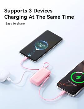 Joyroom JR-PR2L Power Bank с цифровым дисплеем C+U+U PD 35W Зарядная батарея 10000 mAh со встроенным выдвижным кабелем-ремешком 2x Type-C 0.7m / синий (JR-PR2CC-BLU)