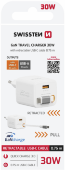 Swissten SlideCHARGE GaN Зарядное устройство 30W USB-A 18W С выдвижным USB-C проводом 0.75m Белый (22070203)