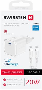 Swissten 3арядное устройство GaN USB-C 20W PD + Kабель для передачи данных USB-C-USB-C 1.2m (22070120)