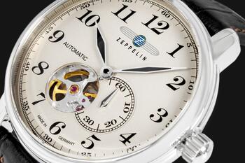 Zeppelin LZ 127 Graf Zeppelin Open Heart Мужские Часы 40mm Silver Dial Dark Brown Leather Strap (7666-5)