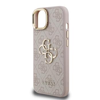 Guess PU 4G Metal Logo Stand Camera Frame Case Защитный чехол для iPhone 15 / розовый (GUHCP15SPCS4GP4P)