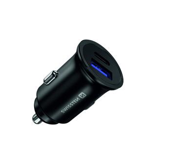 Swissten Metāla Auto Lādētājs ar Power Delivery USB-C + Quick Charge 3.0 / 36W Mobīlajiem telefoniem un Planešetdatoriem (SW-CCH-ME2-QC3.0-PD-36W-BK)