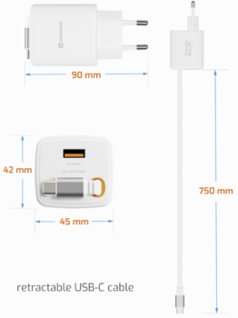 Swissten SlideCHARGE GaN Зарядное устройство 30W USB-A 18W С выдвижным USB-C проводом 0.75m Белый (22070203)
