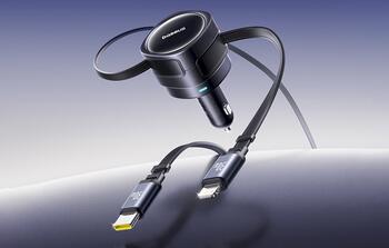 Baseus Enjoyment Max 60W Auto lādētājs ar ievietojamiem kabeļiem USB-C un Lightning / melna (C00035507121-00)
