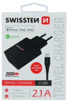 Swissten Smart IC Зарядное устройство 2x USB 2.1A c проводом Lightning MFI 1.2m (SW-SET-2X2.1AWCLIH-MFI-BK)