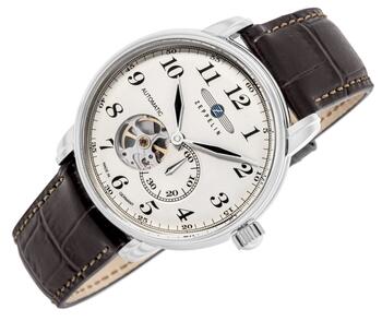 Zeppelin LZ 127 Graf Zeppelin Open Heart Мужские Часы 40mm Silver Dial Dark Brown Leather Strap (7666-5)
