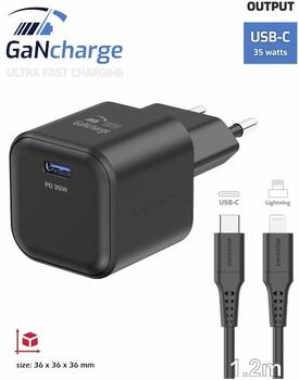 Swissten 3арядное устройство GaN USB-C 35W PD + Kабель для передачи данных USB-C - Lightning 1.2m (22070250)