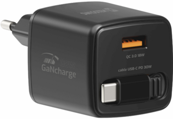 Swissten SlideCHARGE GaN Зарядное устройство 30W USB-A 18W С выдвижным USB-C проводом 0.75m Черный (22070202)