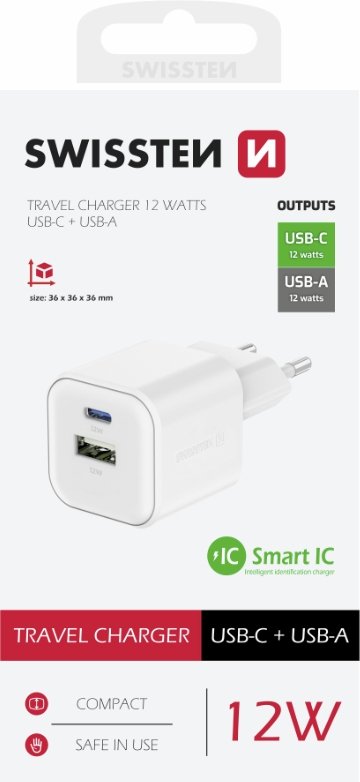 Swissten Зарядное устройство 12W USB-C / USB-A (22071500)