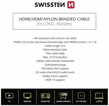 Swissten HDMI uz HDMI 4K Vads 3m (75501103)