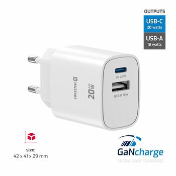 Swissten Edge GaN Зарядное устройство USB-C PD 20W + USB-A 18W QC (22071713)