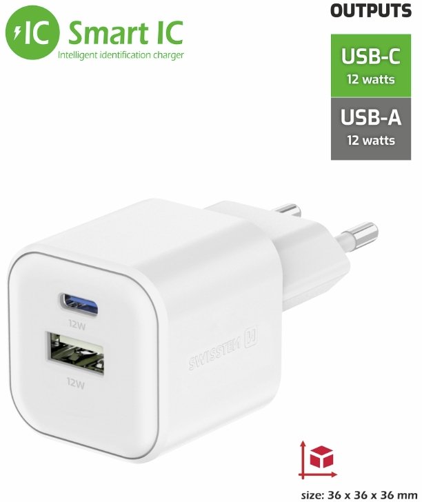 Swissten Зарядное устройство 12W USB-C / USB-A (22071500)