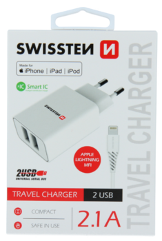 Swissten Smart IC Tīkla Lādētājs 2x USB 2.1A Ar Lightning MFI vadu 1.2 m (SW-SET-2X2.1AWCLIH-MFI-WH)