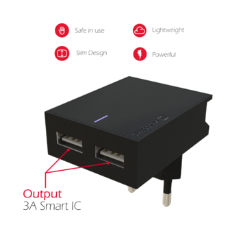 Swissten Premium Tīkla Lādētājs 2x USB 3А / 15W (SW-3A15W-BK)