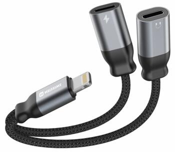 Swissten Textile Lightning Audio Charging Adapteris 2x Lightning 0.12m (73502303)