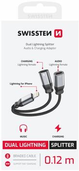 Swissten Textile Lightning Audio Charging Adapteris 2x Lightning 0.12m (73502303)