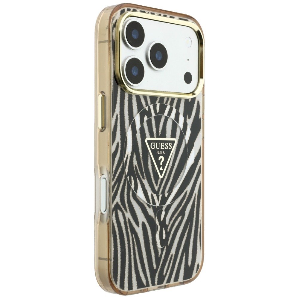 Guess IML Zebra Glitter Triangle Logo MagSafe Aizsargapvalks priekš iPhone 18 Pro Max / iPhone 17 Pro Max / zelts (GUHMP18X6HZPGTLD)