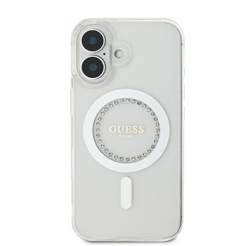 Guess IML Rhinestones Ring MagSafe Case Aizsargapvalks priekš iPhone 16 / balts (GUHMP16SPFTDTEH)