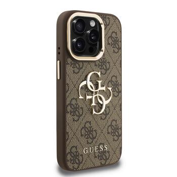 Guess PU 4G Metal Logo Stand Camera Frame Case Aizsargapvalks priekš iPhone 15 Pro / brūns (GUHCP15LPCS4GP4W)