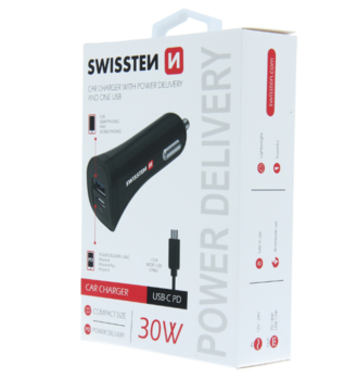 Swissten Power Delivery Auto Lādētājs 12 / 24V / 2.4A / 30W + Micro USB vads 1.5m (SW-CCH-2.4A-30W-B)
