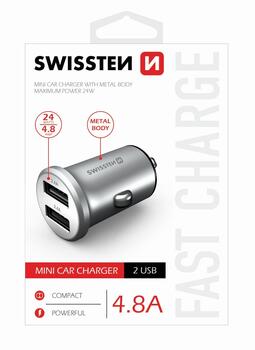 Swissten Metal Премиум Автомобильная зарядка 2 x USB / 4.8A Серебряная (SW-CCH-ME.4.8A-SL)