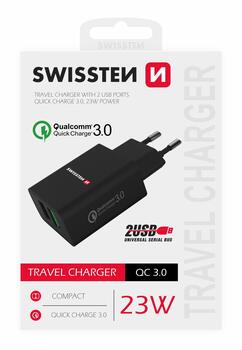 Swissten Premium Зарядное устройство 2x USB / QC3.0 23W (SW-T-23W-QC30-BK)