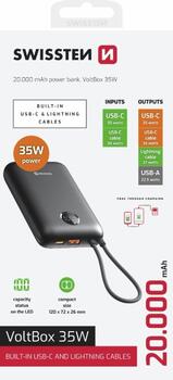 Swissten Voltbox 35W Power Bank 20000 mAh со встроенными кабелями USB-C и Lightning (22013937)