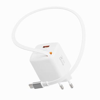 Swissten SlideCHARGE Tīkla Lādētājs GaN 45W USB-A 18W Ar ievelkamu USB-C vadu 0.75m balts (22071350)
