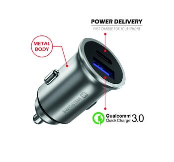 Swissten 36W Metāla Auto Lādētājs ar Power Delivery USB-C + Quick Charge 3.0 Mobīlajiem telefoniem un Planešetdatoriem (SW-CCH-ME2-QC3.0-PD-36W-S)