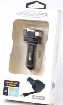 Platinet PLCRRCC Universāls IC Auto Lādētājs USB 2.4A + Izvelkams Micro USB Kabelis (PLCRRCC)