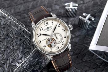Zeppelin LZ 127 Graf Zeppelin Open Heart Мужские Часы 40mm Silver Dial Dark Brown Leather Strap (7666-5)