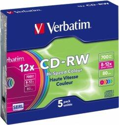 Verbatim Матрицы CD-RW SERL  700 MB 8x-12X Colour, 5 Pack Slim (43167V)