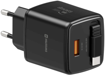 Swissten SlideCHARGE GaN Зарядное устройство 30W USB-A 18W С выдвижным USB-C проводом 0.75m Черный (22070202)