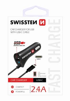 Swissten Премиум Автомобильная зарядка 12 / 24V / 2.4A с встроенным кабелем USB-C 1m (SW-CCH-2.4ATYPCIN-B)