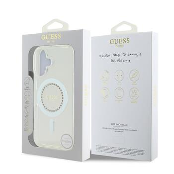 Guess IML Rhinestones Ring MagSafe Case Aizsargapvalks priekš iPhone 16 / balts (GUHMP16SPFTDTEH)