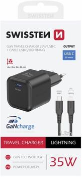 Swissten 3арядное устройство GaN USB-C 35W PD + Kабель для передачи данных USB-C - Lightning 1.2m (22070250)