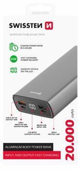 Swissten Aluminium Power Bank Переносная зарядная батарея 2xUSB / USB-C / Micro USB / 20W / 20000 mAh (22013916)