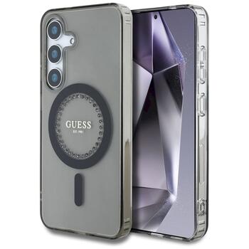 Case Guess Rhinestones Printed Classic Logo MagSafe Aizsargapvalks priekš Samsung Galaxy S25 / melns (GUHMS25SPFTDTEK)