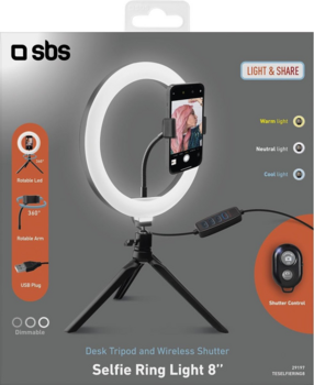 SBS TESELFIERING8 Подставка для телефона с 8-дюймовым светодиодным кольцевым светильником и штативом (TESELFIERING8)